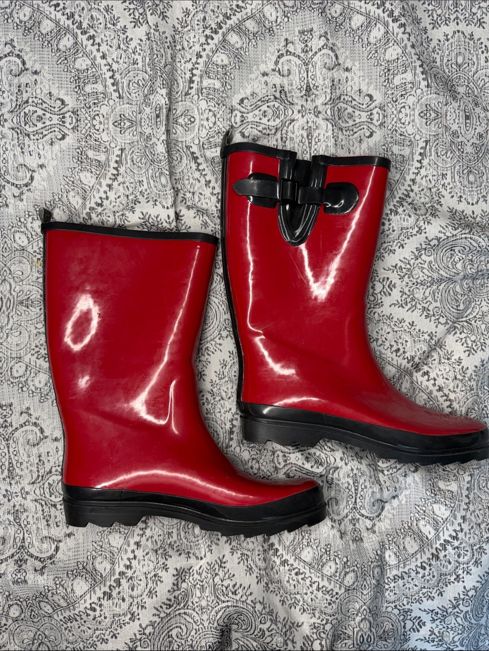 Red Women's Waterproof Rain Boots with Black Trim - Size 9
